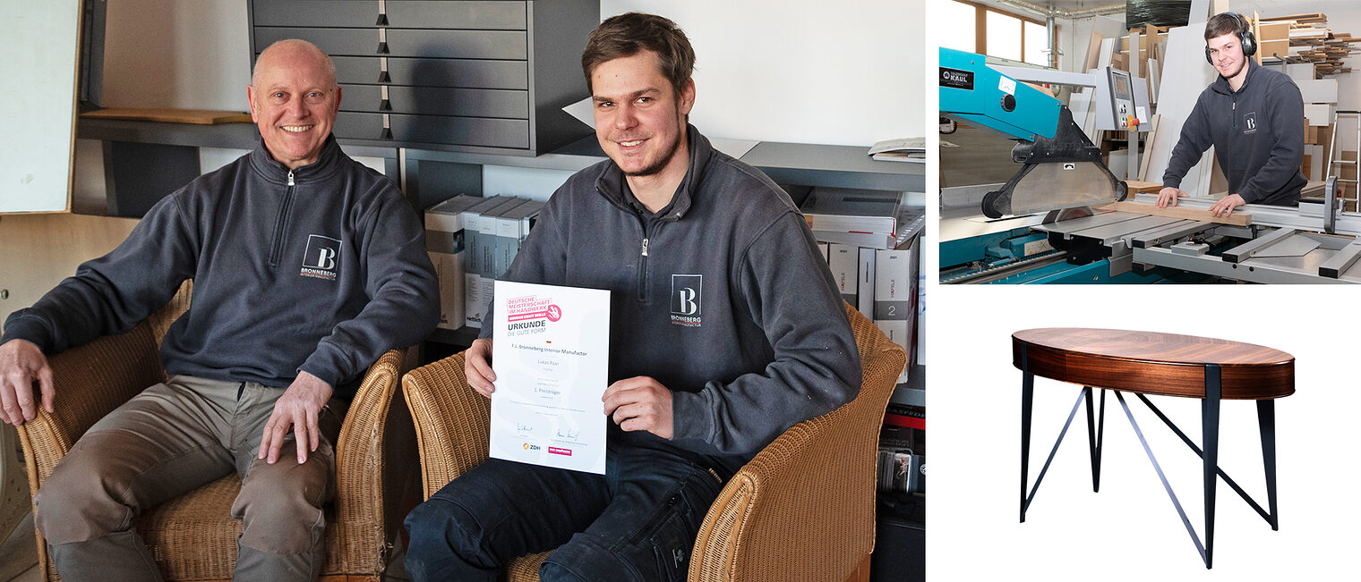 Bildercollage: Franz-Josef Bronneberg und Lukas Paar mit seiner Urkunde, Bundessieg im Kreativwettbewerb Die gute Form. Exzentrelliptisch: Gesellenstück von Lukas Paar.