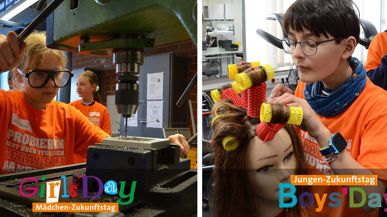 Girls und Boys Day 2025 mit den Logo. Mädchen steht mit Schutzbrille an einer Bohrvorrichtung und ein Junge mit bringt Lockenwickler an einem Modelpuppe