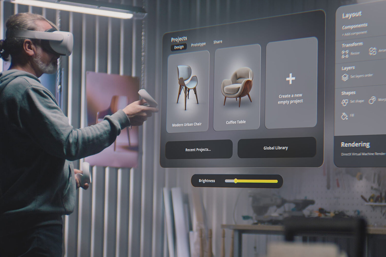 Mann mit VR-Brille entwickelt einen neuen Designstuhl Mann mit VR-Brille entwickelt einen neuen Designstuhl