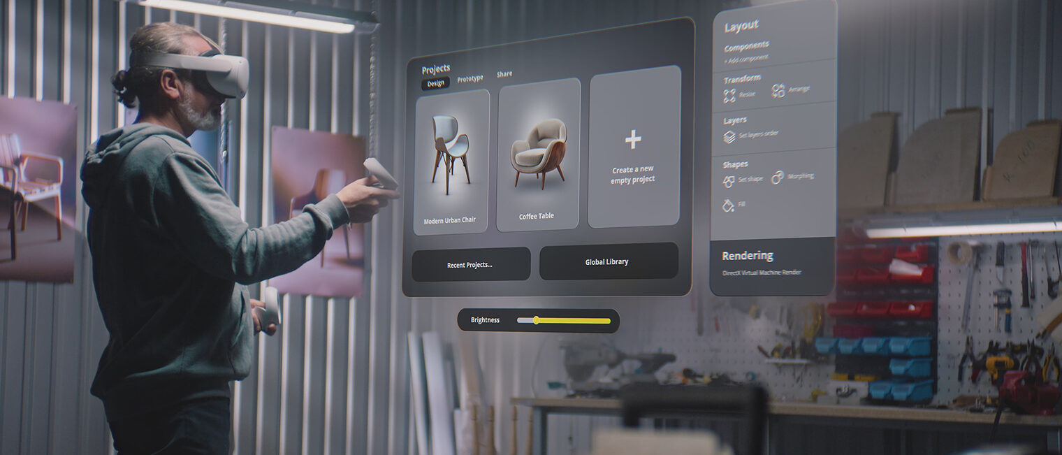 Mann mit VR-Brille entwickelt einen neuen Designstuhl