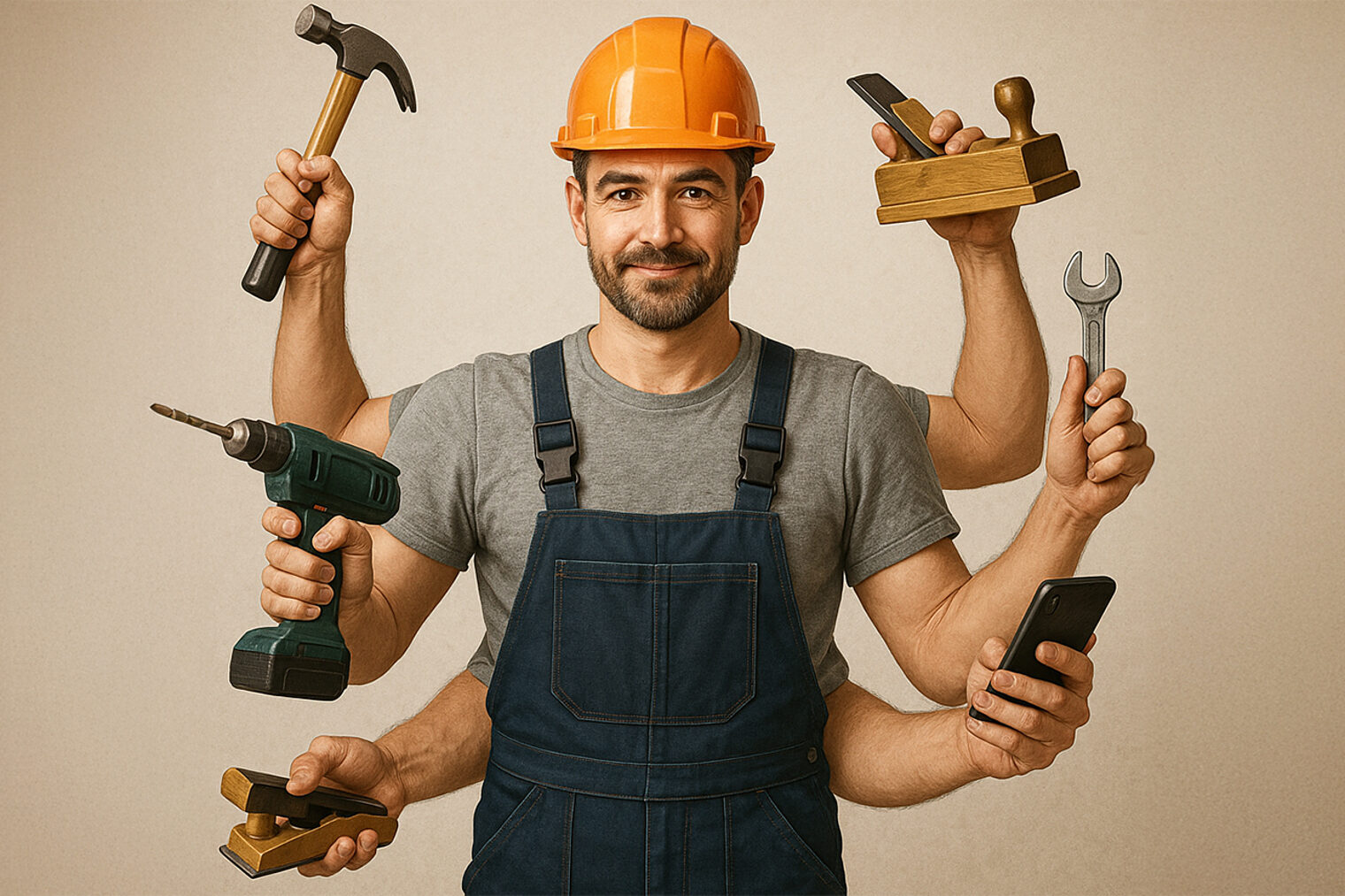 Ein KI-generierter Handwerker mit 6 Armen und verschieden Werkzeug und Büro-Utensilien. Ein KI-generierter Handwerker mit 6 Armen und verschieden Werkzeug und Büro-Utensilien.