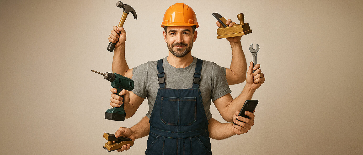 Ein KI-generierter Handwerker mit 6 Armen und verschieden Werkzeug und Büro-Utensilien. Ein KI-generierter Handwerker mit 6 Armen und verschieden Werkzeug und Büro-Utensilien.