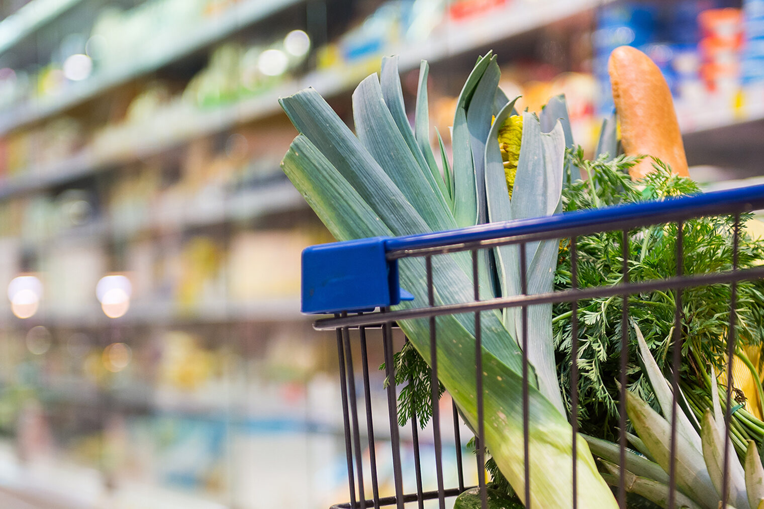 Einkaufswagen voller Einkäufe in einem Supermarkt