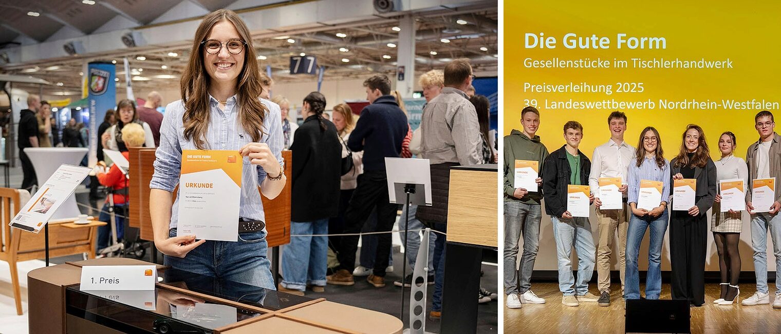Hannah Bronneberg gewinnt mit ihrem Sideboard den Gestaltungswettbewerb „Die Gute Form“. Gruppenbild aller Siegerinnen und Sieger