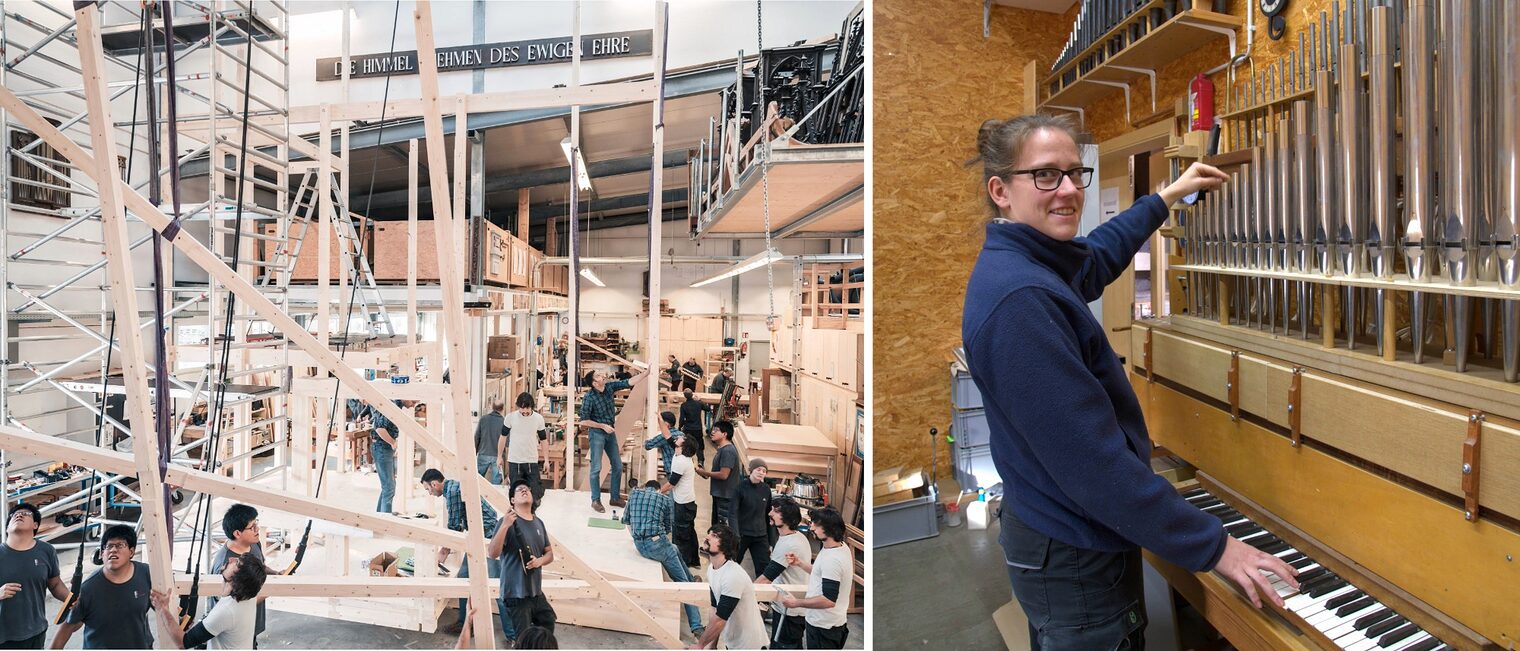 Wimmelbild: Geordnetes »Gewusel« in der Montagehalle von Orgelbau Weimbs. Orgelbauerin Melina Winkelmann trifft den richtigen Ton.