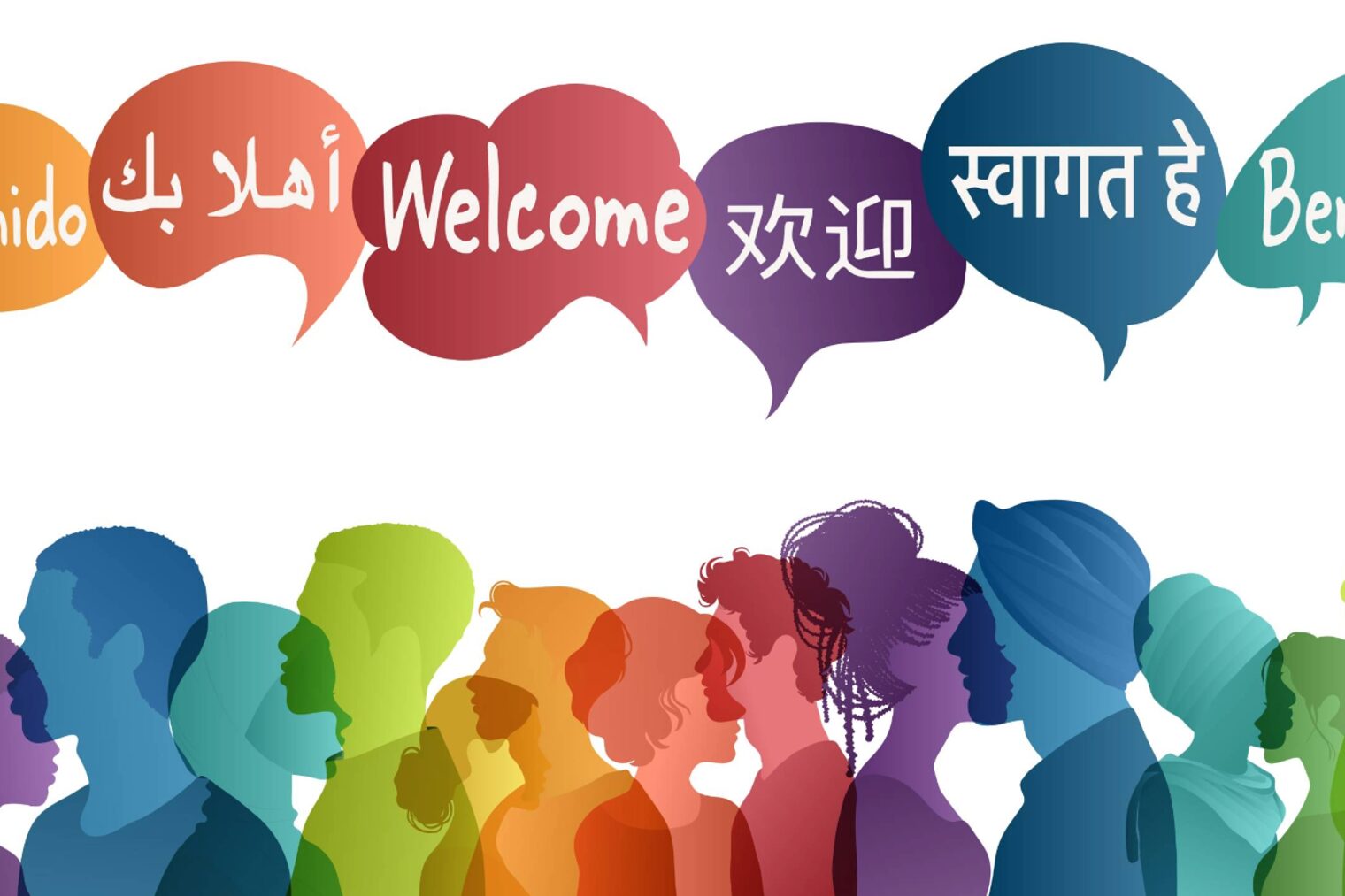 Silhouette von verschieden Menschen mit Sprechblasen in verschiedenen Sprachen - Willkommen