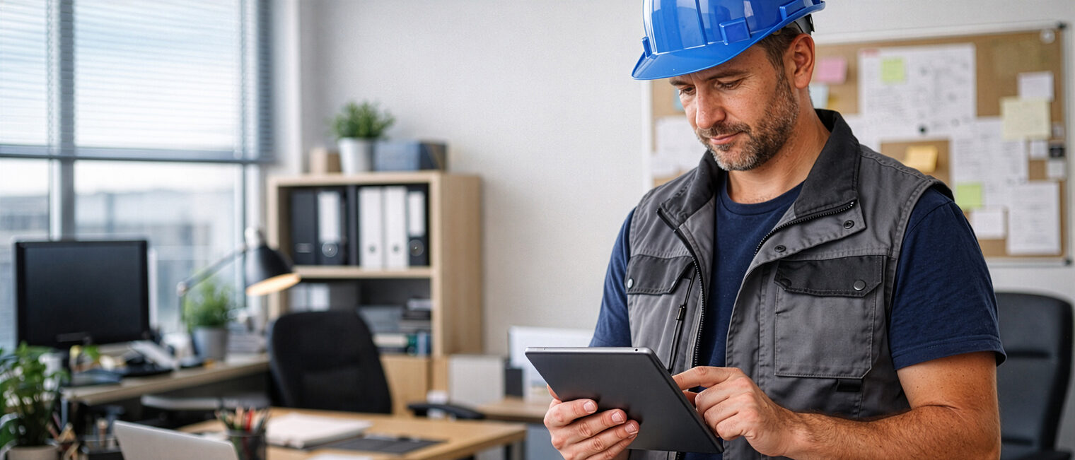 Mann mit blauem Baustellhelm steht im Büro und bedient einen Tablett