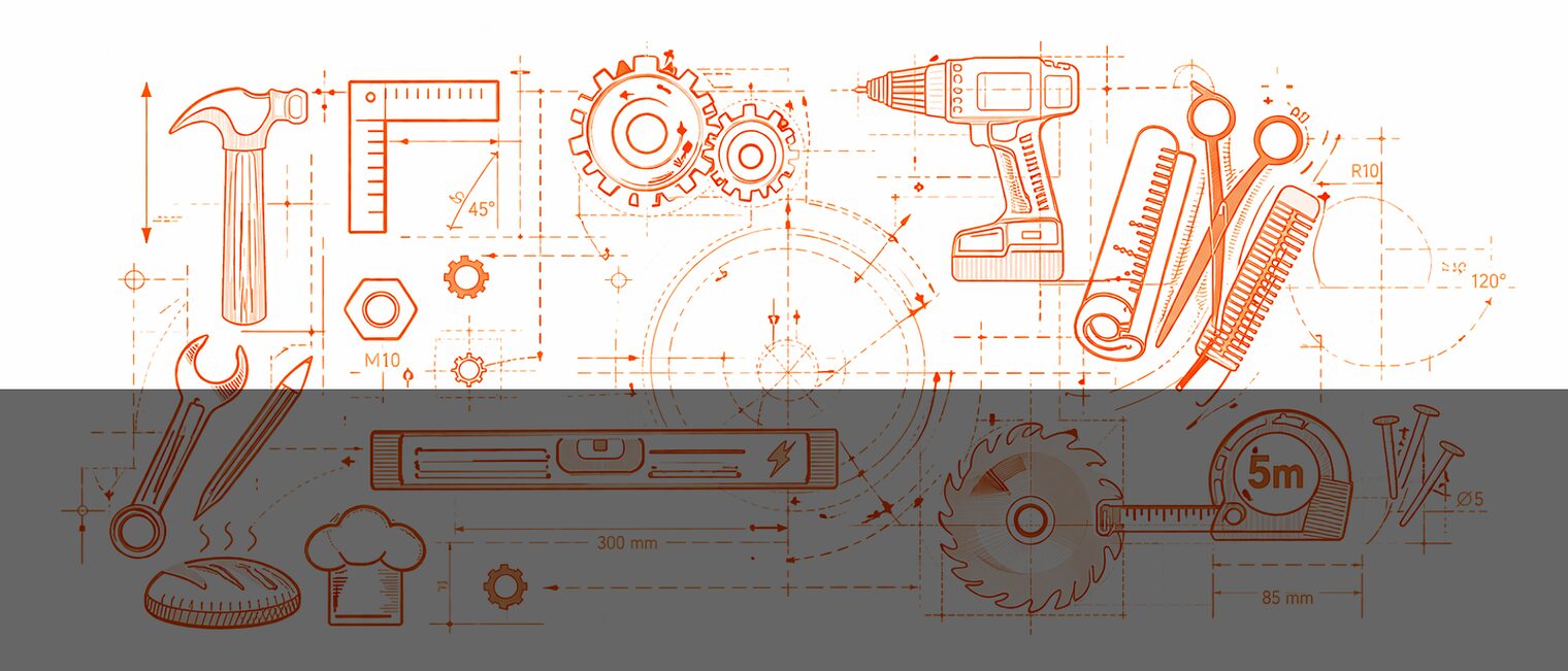 Karte mit gezeichneten Werkzeugen und Utensilien