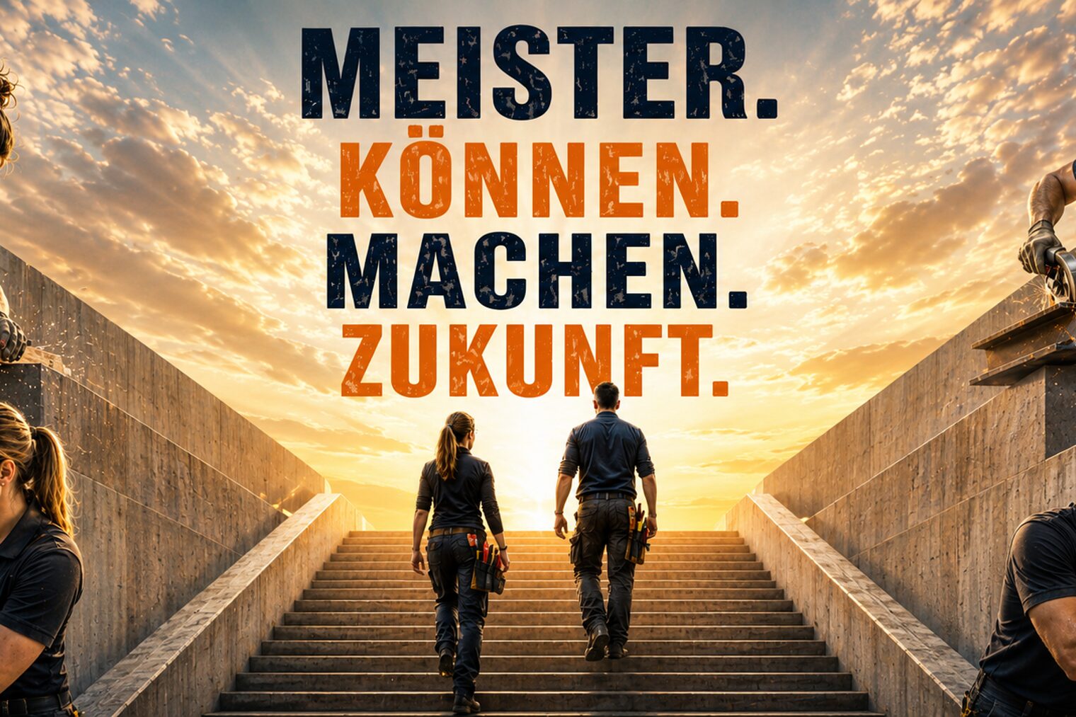 Ein AI-generiertes Bild mit dem Titel Meister. Können. Machen. Zukunft. 2 Personen laufen Treppe in den Sonnenuntergang. Am Bildrand sieht man Personen in verschieden Handwerken bei der Arbeit.