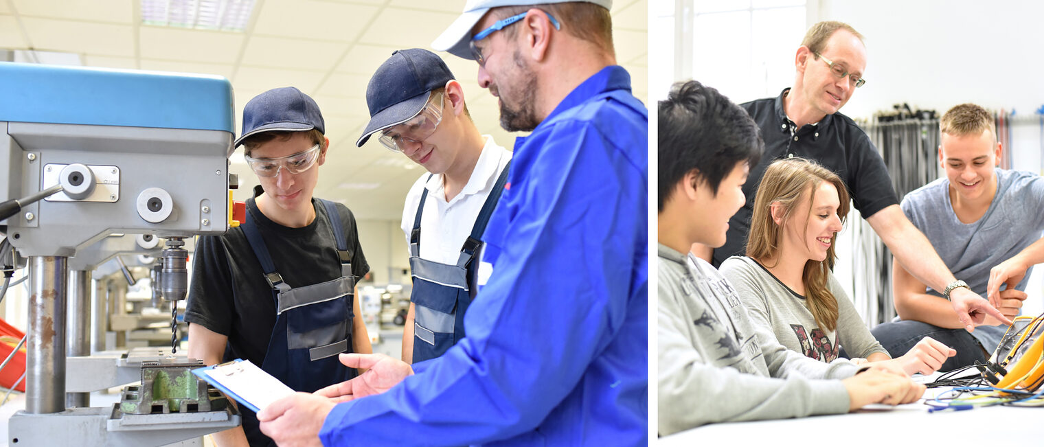 Jugendliche im Praktikum arbeiten mit einer Bohrmaschine und die andere Gruppe testet Schaltkreise