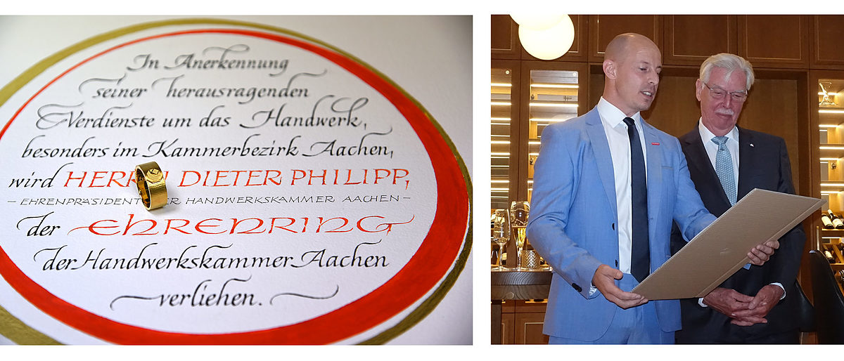 In Anerkennung seiner herausragenden Verdienste um das Handwerk: Präsident Marco Herwartz (l.) verliest die Urkunde für seinen Vorgänger Dieter Philipp. Foto: Nicole Tomys In Anerkennung seiner herausragenden Verdienste um das Handwerk: Präsident Marco Herwartz (l.) verliest die Urkunde für seinen Vorgänger Dieter Philipp. Foto: Nicole Tomys